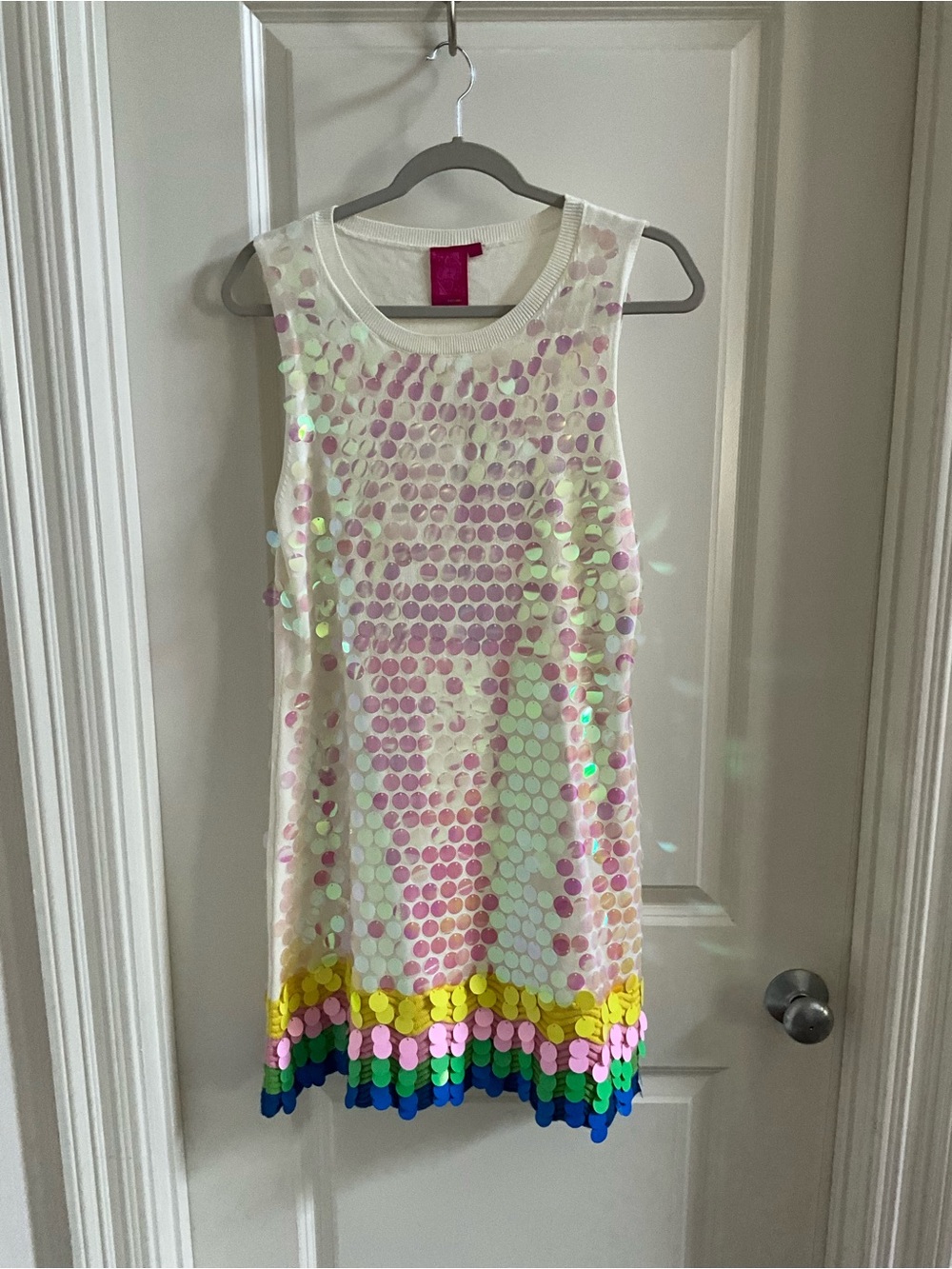 QUEEN OF SPARKLES White Mini Dress with Rainbow Sequin Hem